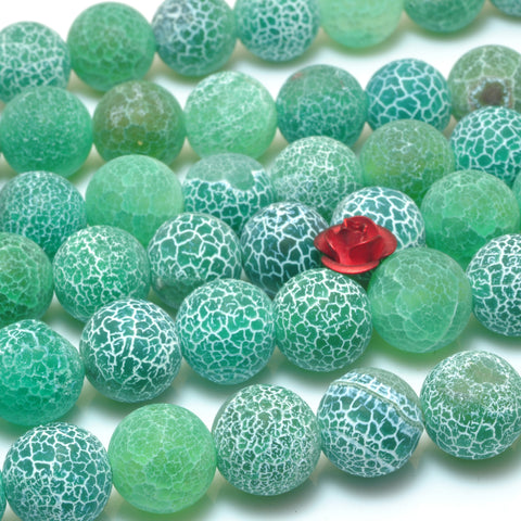 YesBeads Green Fire Agate matte round loose beads crackle agate wholesale gemstone jewelry making 15''