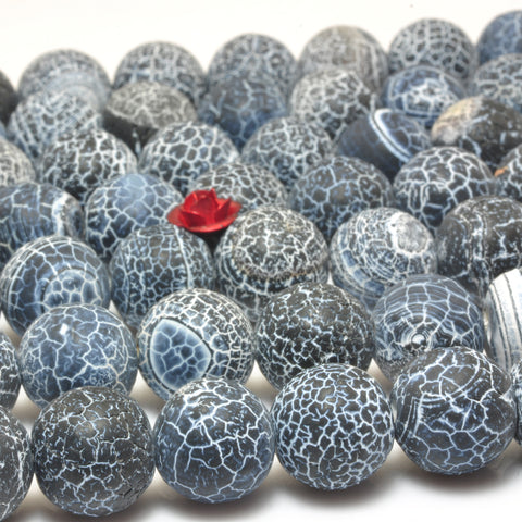 YesBeads Black Fire Agate matte round loose beads crackle agate wholesale gemstone jewelry making 15''