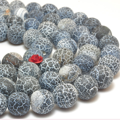 YesBeads Black Fire Agate matte round loose beads crackle agate wholesale gemstone jewelry making 15''