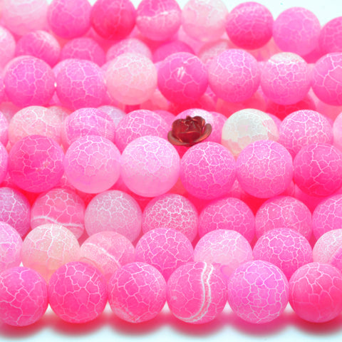 YesBeads Pink Fire Agate matte round loose beads crackle agate wholesale gemstone jewelry making 15''