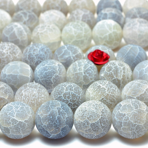 YesBeads Gray Fire Agate matte round loose beads crackle agate wholesale gemstone jewelry making 15''