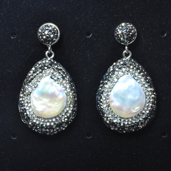 YesBeads Earrings white pearl CZ rhinestone crystal pave bead silver stud dangle earrings drop fashion jewelry
