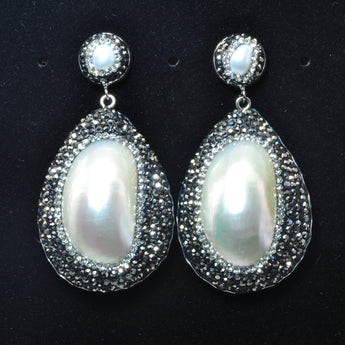 YesBeads Earrings white MOP shell CZ rhinestone crystal pave bead silver stud dangle earrings drop fashion jewelry