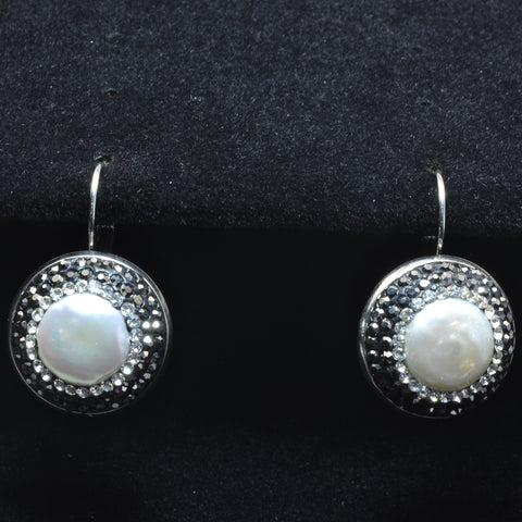 YesBeads Earrings white pearl CZ rhinestone crystal pave beads silver hoops earring coin shapefashion jewelry