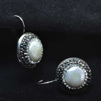 YesBeads Earrings white pearl CZ rhinestone crystal pave beads silver hoops earring coin shapefashion jewelry