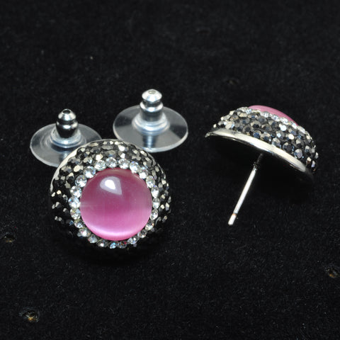 YesBeads Earrings Cat eye bead rhinestone crystal pave stud earrings coin shape whoelesale fashion jewelry