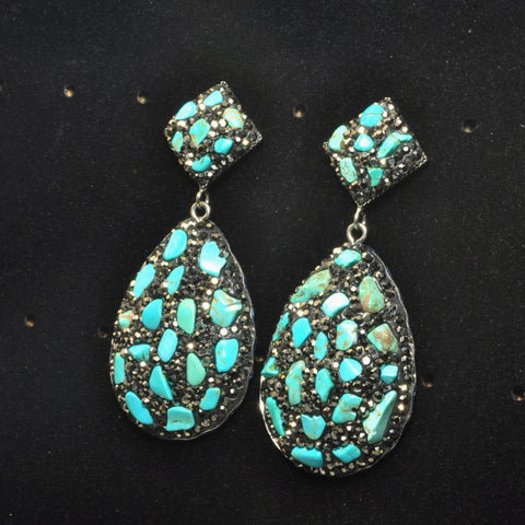 YesBeads Earrings Blue Turquoise chip beads CZ rhinestone crystal pave stud dangle earrings drop fashion jewelry