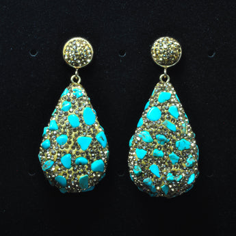 YesBeads Earrings Blue Turquoise chip beads CZ rhinestone crystal pave gold stud dangle earrings drop fashion jewelry