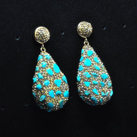 YesBeads Earrings Blue Turquoise chip beads CZ rhinestone crystal pave gold stud dangle earrings drop fashion jewelry