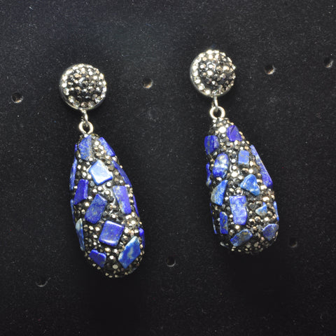 YesBeads Earrings CZ pave rhinestone crystal lapis lazuli chips bead stud dangle earrings teardrop fashion jewelry