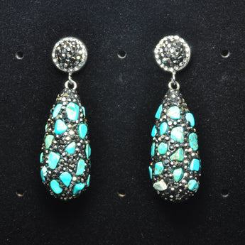 YesBeads Earrings CZ pave rhinestone crystal blue turquoise chips bead stud dangle earrings teardrop fashion jewelry