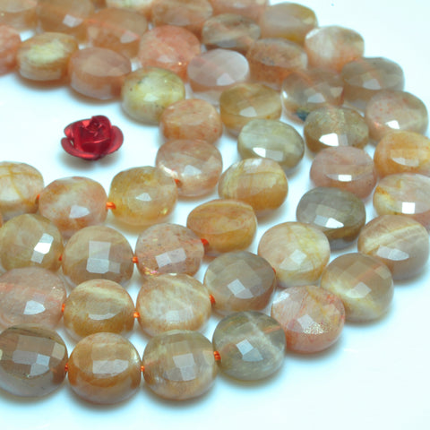 YesBeads Natural Sunstone faceted coin loose beads gemstone wholesale jewelry making 15"