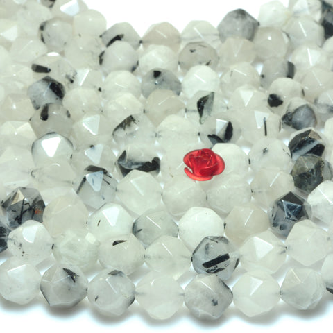 YesBeads Natural Black Rutilated Quartz star cut faceted nugget beads gemstone wholesale jewelry making 15"