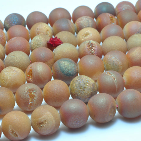 YesBeads Orange Druzy Agate titanium coated agate matte round loose beads wholesale gemstone jewelry making 15"