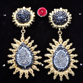 YesBeads Earrings druzy quartz pave rhinestone crystal CZ bead gold plated flower stud earrings drop jewelry gift