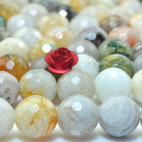 YesBeads Natural Bamboo leaf agate faceted round loose beads wholesale gemstone jewelry 15"