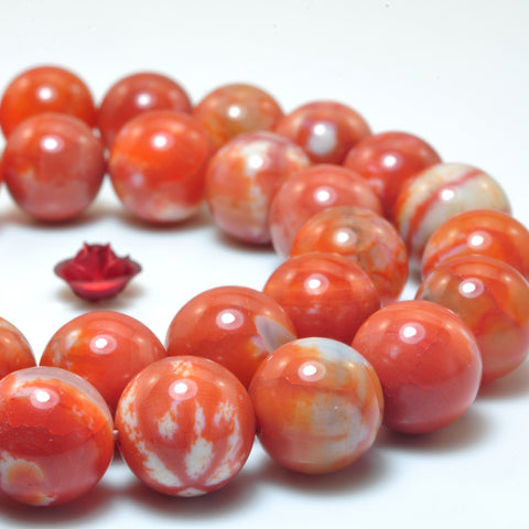 YesBeads Orange Fire Agate smooth round loose beads wholesale gemstone jewelry 10mm 15"