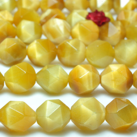 YesBeads Natural Golden Tiger Eye star cut faceted nugget beads yellow gemstone 15"