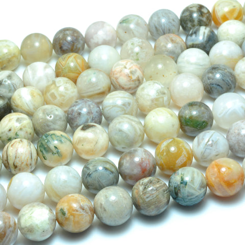 YesBeads Natural Bamboo Leaf Agate smooth round loose beads wholesale gemstone jewelry 15"