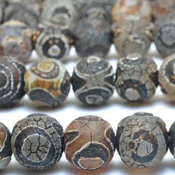 YesBeads Tibetan Agate Dzi three-eyes agate matte round beads wholesale gemstone jewelry 15"