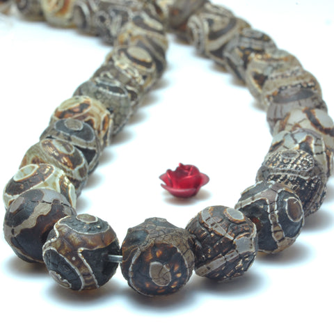 YesBeads Tibetan Agate Dzi three-eyes agate matte round beads wholesale gemstone jewelry 15"