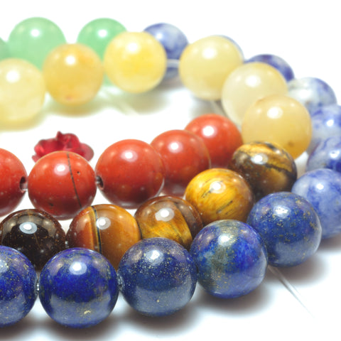 YesBeads Natural 7 Chakra stones smooth round beads wholesale mix gemstone jewelry 6mm-10mm 15"