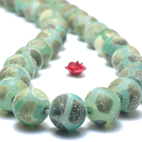 YesBeads Tibetan Agate DZI turtleback green agate matte round beads wholesale gemstone jewelry 10mm15"