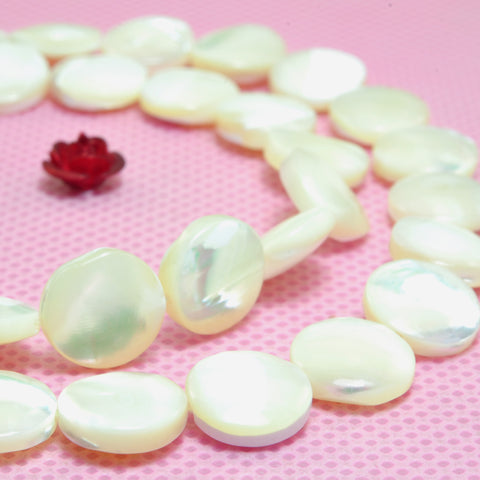 YesBeads Natural MOP white mother of pearl smooth coin beads wholesale gemstone jewelry 15"
