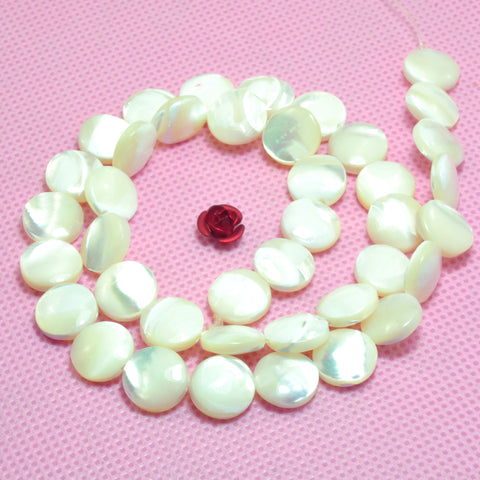 YesBeads Natural MOP white mother of pearl smooth coin beads wholesale gemstone jewelry 15"