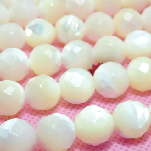 YesBeads Natural White MOP mother of pearl faceted round beads wholesale gemstone jewelry 15"