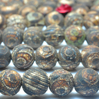 YesBeads Tibetan Agate Dzi three-eyes agate matte round beads wholesale gemstone jewelry 8mm 15"