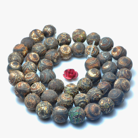 YesBeads Tibetan Agate Dzi three-eyes agate matte round beads wholesale gemstone jewelry 8mm 15"