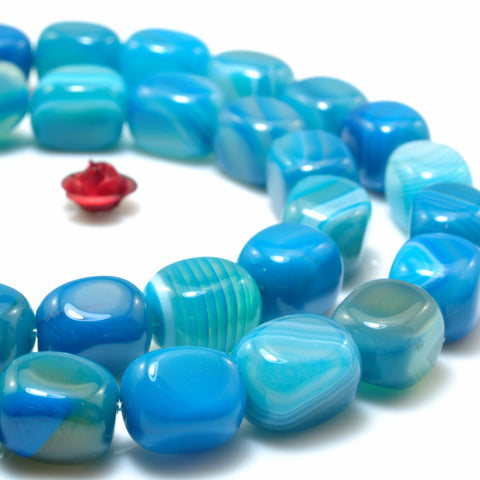 YesBeads Blue Banded Agate smooth nugget candy cuboid beads wholesale gemstone jewelry 15"