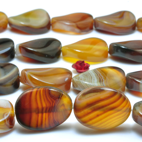YesBeads Natural Brown Banded Agate smooth twisted oval beads wholesale gemstone15x20mm 15"