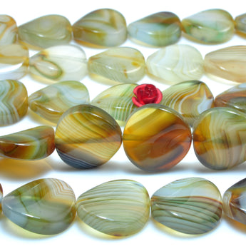 YesBeads Natural Green Banded Agate smooth twisted coin beads wholesale gemston jewelry 16mm 15"