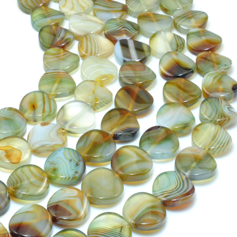 YesBeads Natural Green Banded Agate smooth twisted coin beads wholesale gemston jewelry 16mm 15"
