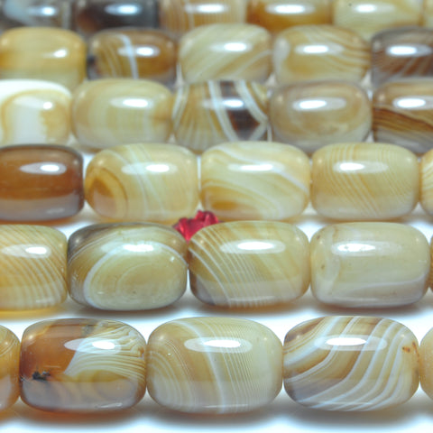 YesBeads Natural Brown Banded Agate smooth barrel drum beads wholesale gemstone jewelry 10x14mm 15"