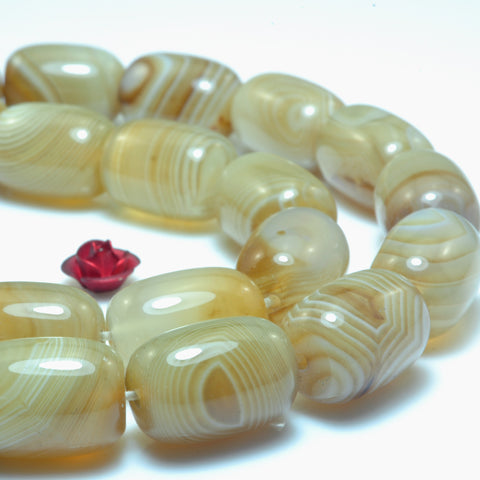 YesBeads Natural Brown Banded Agate smooth barrel drum beads wholesale gemstone jewelry 10x14mm 15"