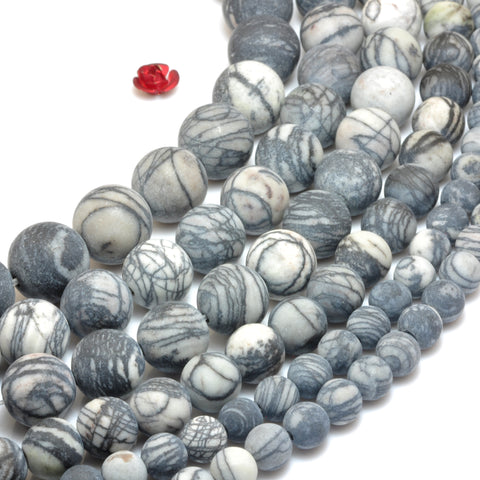 YesBeads Natural Black Line Jasper matte round beads silk stone spider jasper wholesale gemstone 6mm-12mm 15"