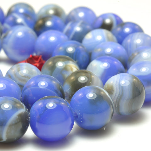 YesBeads Blue Banded Agate smooth round loose beads wholesale gemstone jewelry making 15"
