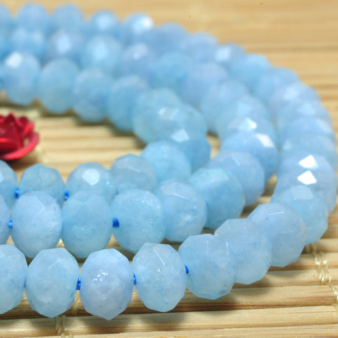 YesBeads Natural Blue Aquamarine faceted rondelle loose beads wholesale gemstone jewelry making 15"