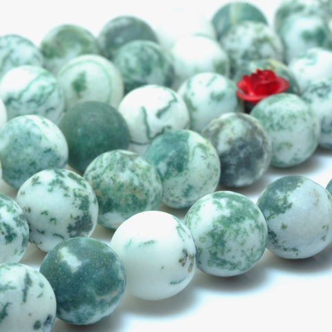 YesBeads Natural Green Tree Agate matte round loose beads wholesale gemstone jewelry making "