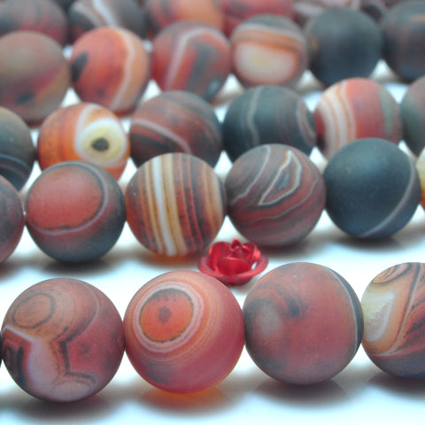 YesBeads Banded Agate matte round loose beads wholesale black red gemstone jewelry making 6mm-12mm 15"