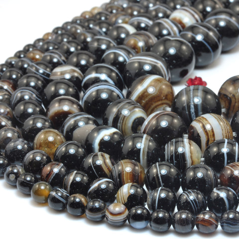 Natural black banded agate smooth round loose beads gemstone wholesale jewelry bracelet necklace diy