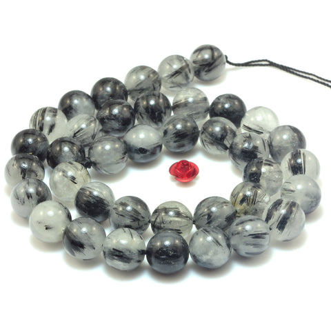 YesBeads Natural Black Rutilated Quartz AA grade smooth round loose beads wholesale jewelry making 15"