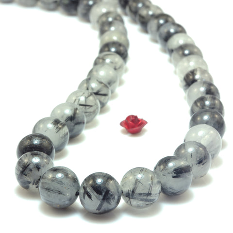 YesBeads Natural Black Rutilated Quartz AA grade smooth round loose beads wholesale jewelry making 15"