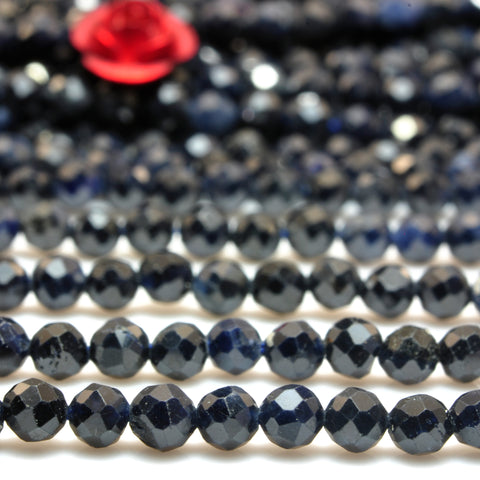 YesBeads Natural Sapphire dark blue faceted round loose beads wholesale gemstone jewelry making 15"