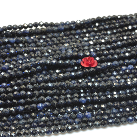 YesBeads Natural Sapphire dark blue faceted round loose beads wholesale gemstone jewelry making 15"