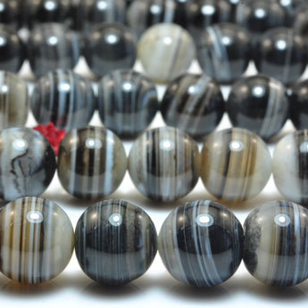 YesBeads Natural black banded agate smooth round loose beads gemstone wholesale diy jewelry making stuff