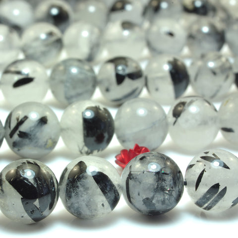 Natural Black Rutilated Quartz smooth round beads gemstone wholesale jewelry 15"